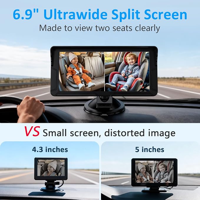 HD 1080P Baby Car Camera for 2 Kids: 5-Min Install for New Parents 6.9" Split - Image 3