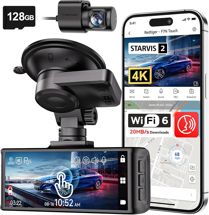 REDTIGER 4K STARVIS 2 Dash Cam Front and Rear, 5GHz WiFi 20MB/s Download by REDTIGER