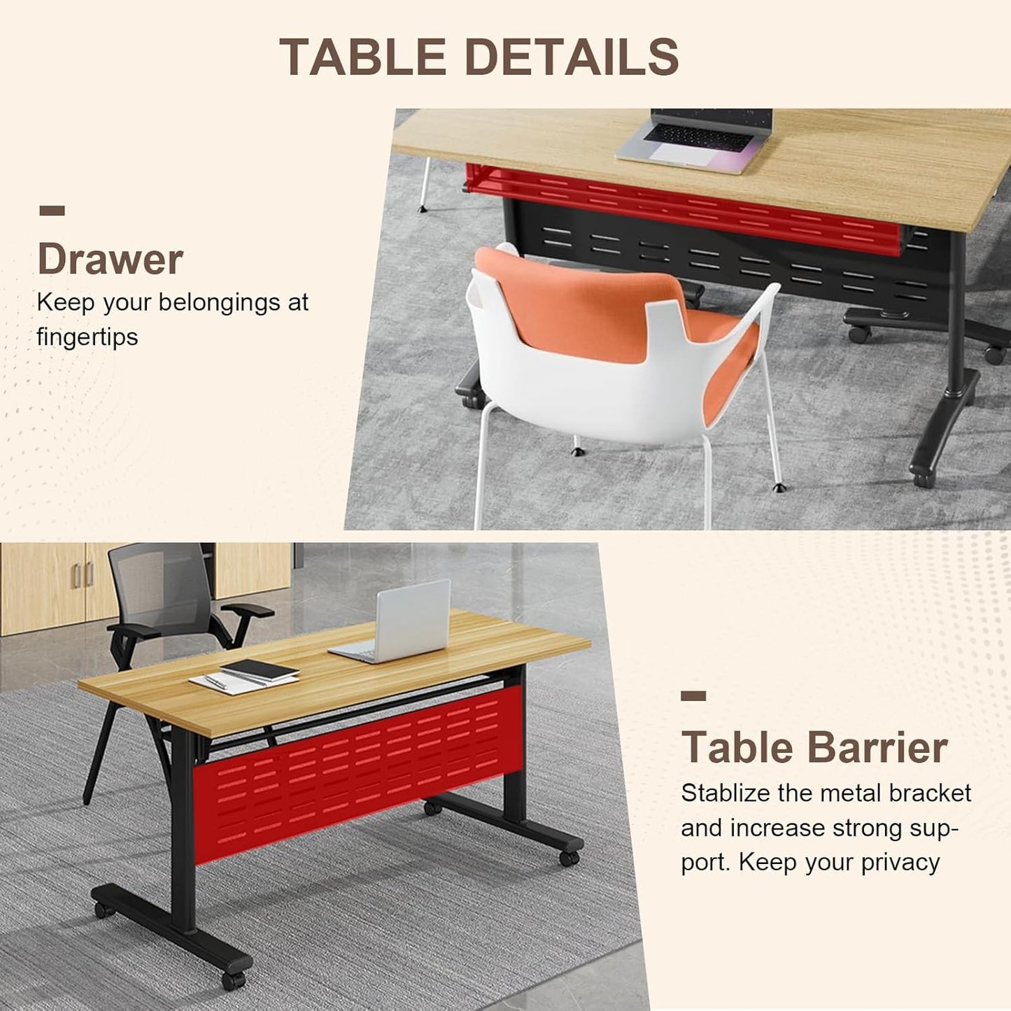 Folding Conference Room Table, Modern Conference Tables with Wheels, Large Rectangular Mobile Training Tables for Office Classroom, Foldable Modular Boardroom Seminar Table Maple (2pack L47.2in)