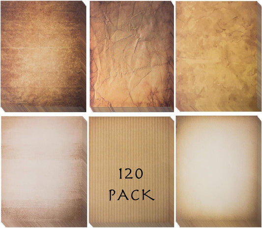 120 Aged Paper - Antique Looking Vintage Papers With Classic Aged Paper Designs - Six Unique Old Looking Designs - Printable Writing paper, 8.5 x 11 inches (Pack of 120)