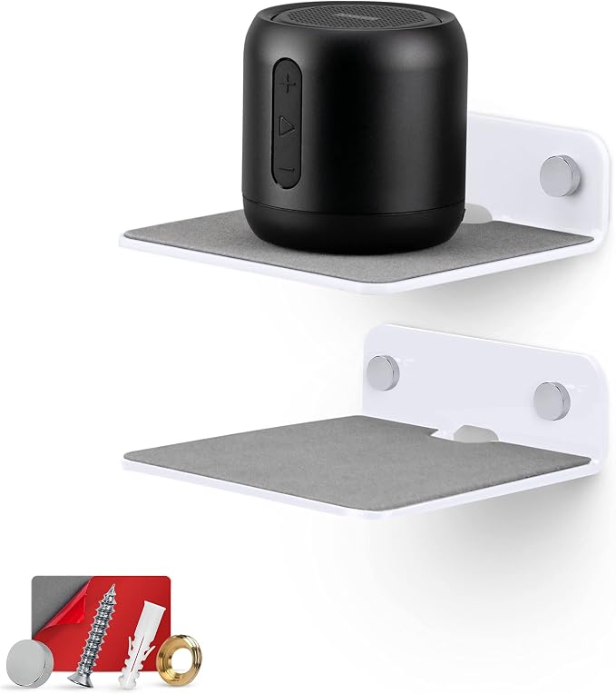 BRAINWAVZ 2-Pack 4” Small Floating Shelf Bluetooth Speaker Stand, Adhesive & by Brainwavz
