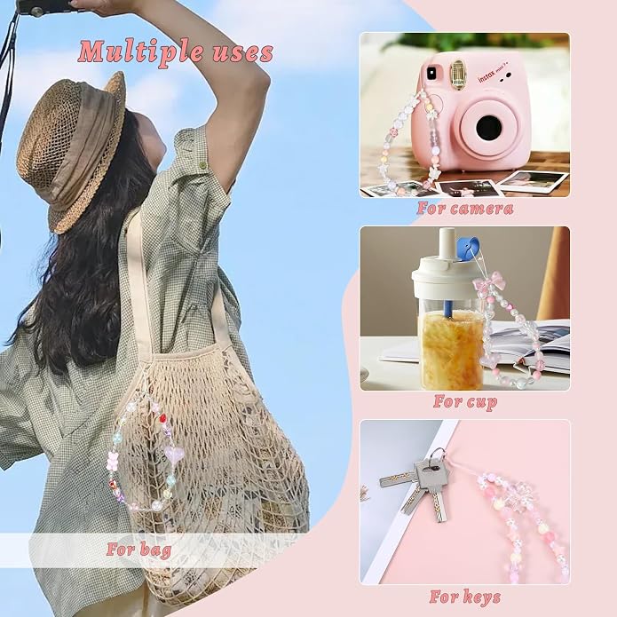 Pink Beaded Phone Wrist Straps, Y2K Phone Case Charms Camera Charm Strap - Image 3