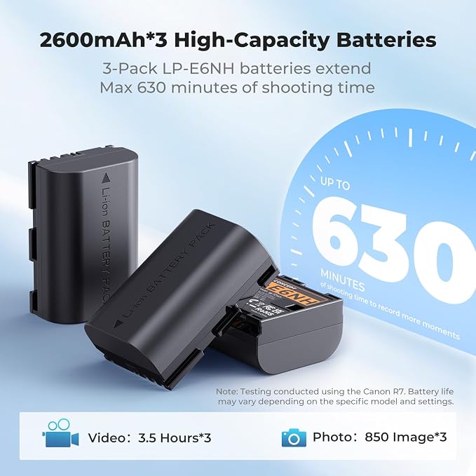 K&F CONCEPT 2600mAh LP-E6NH Battery and 3-Slot Battery Charger Compatible - Image 2