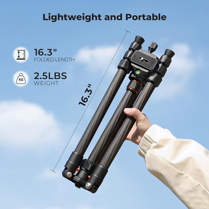 K&F CONCEPT 64" Carbon Fiber Camera Tripod, Lightweight Travel Tripod - Image 2