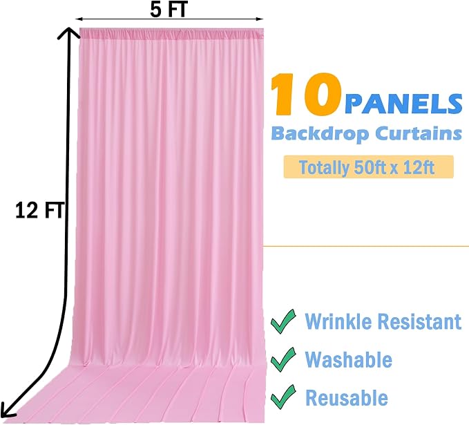 50ft x 12ft Wrinkle Free Pink Backdrop Curtains - Image 6