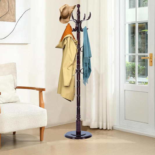 Wood Coat Rack Freestanding, Natural Coats Tree Stand with 14 Hooks, 73" Sturdy and Easy Assembly Coat Rack Stand for Entryway, Hallway, Bedroom, Bags, Hats (Heavy-duty Disc Base, Royal Claw)