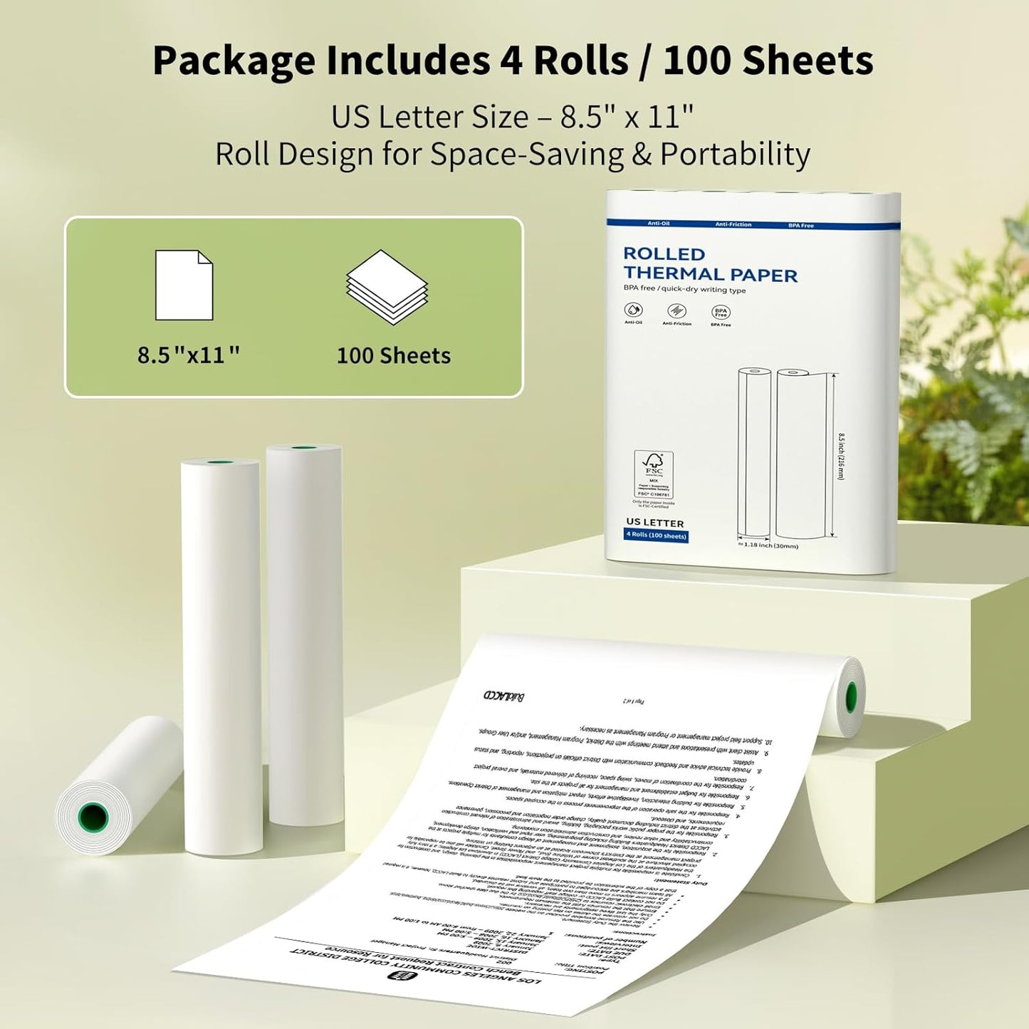 Thermal Printer Paper 8.5''x11'' US Letter Size, 4 rolls, 100 sheets, Thermal Paper Quick-Dry, Advanced Clear Printing, Compatible with Gloryang & JADENS PD-A4 Thermal Printer