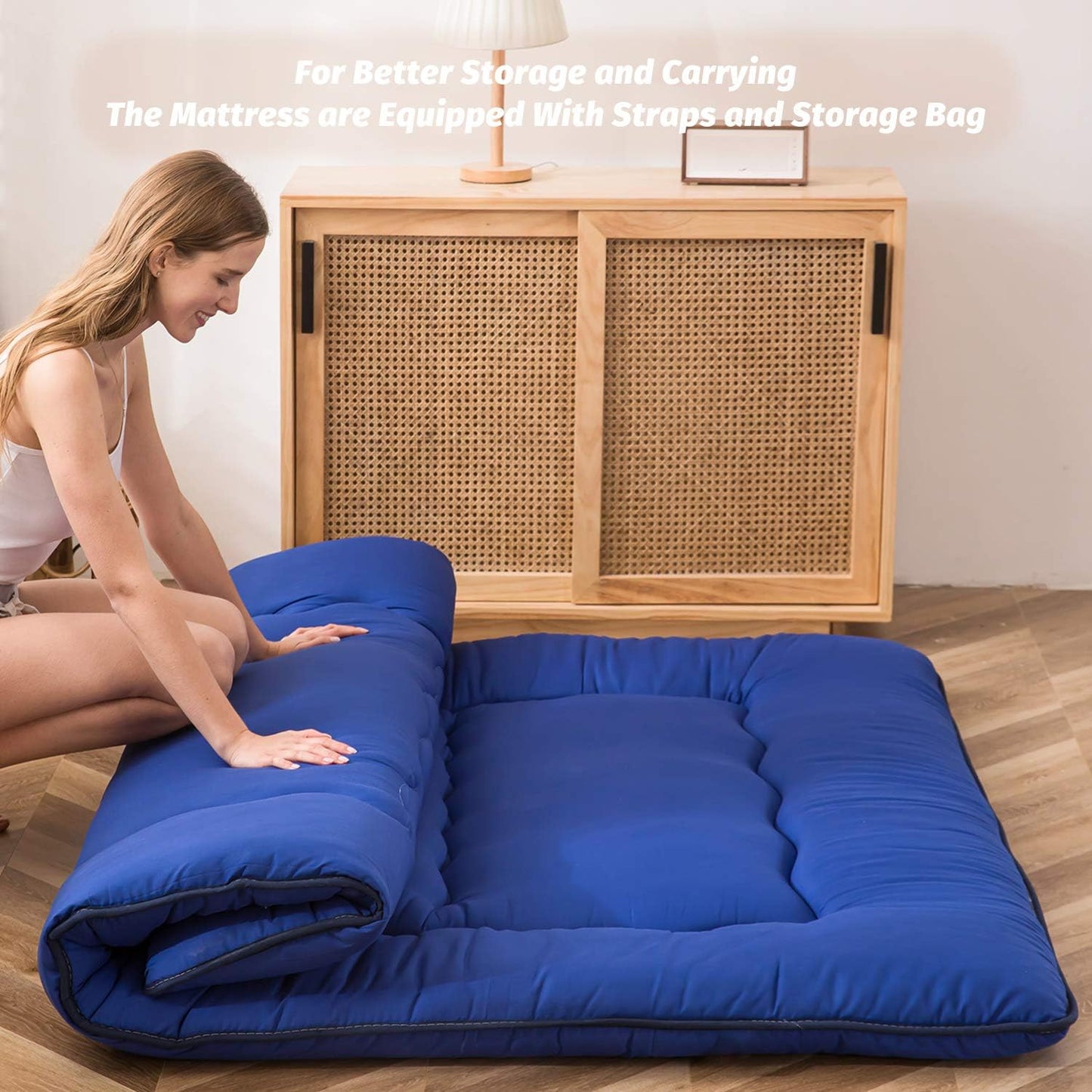 MAXYOYO Japanese Floor Mattress Futon Mattress, Thicken Sleeping Pad Foldable Roll Up Floor Futon for Adults Tatami Mat Dormitory Bed Lounger, Royal Blue, Full Size