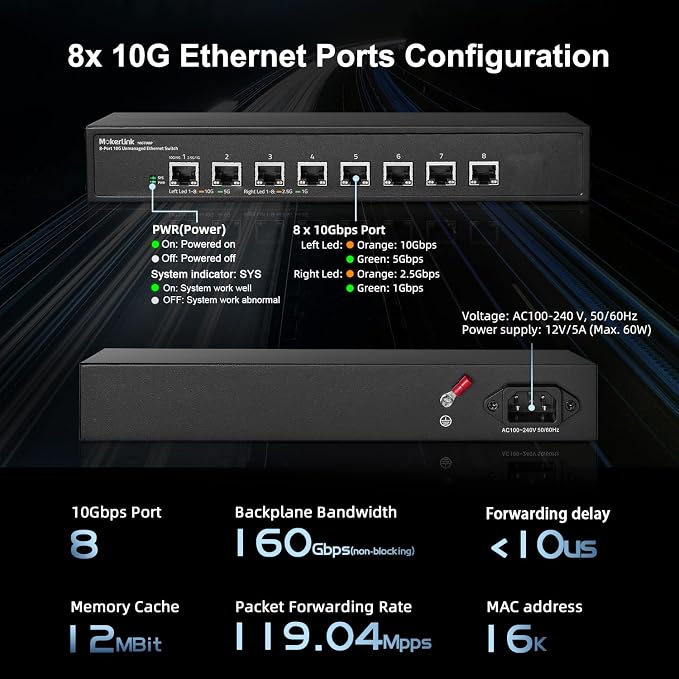 MokerLink 8 Port 10G Unmanaged Ethernet Switch, 10G/5G/2.5G/1G Auto-Adaptive - Image 4