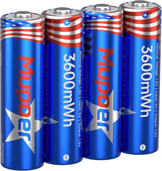 3600mWh Rechargeable AA Batteries 4 Count, Lithium Battery AA 1.5V, Double A by Mupoer