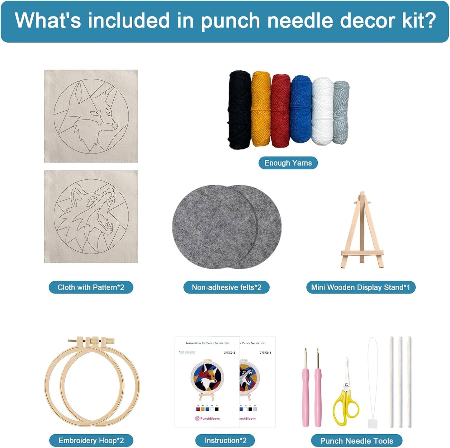 Punch Needle Kit for Adult Beginner, 2-Pcs Wolf & Fox Punch Starter Kit, Easy Punch Embroidery Stitch Set with Instructions – Fun Needle Point Craft for Home Decor & Gift Idea