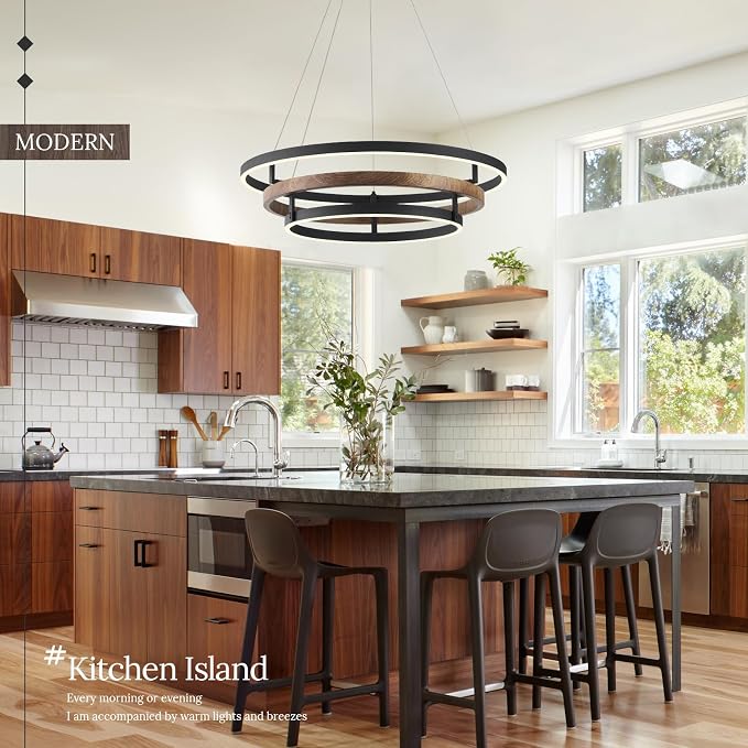 3 Ring LED Chandelier Black Round Chandelier Light Fixture Dimmable Farmhouse - Image 3