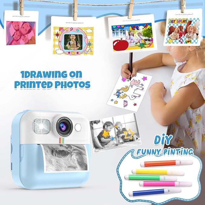 Kid Camera for Boys, Portable Toddler Blue Printing Camera Toy 1080P Video - Image 4