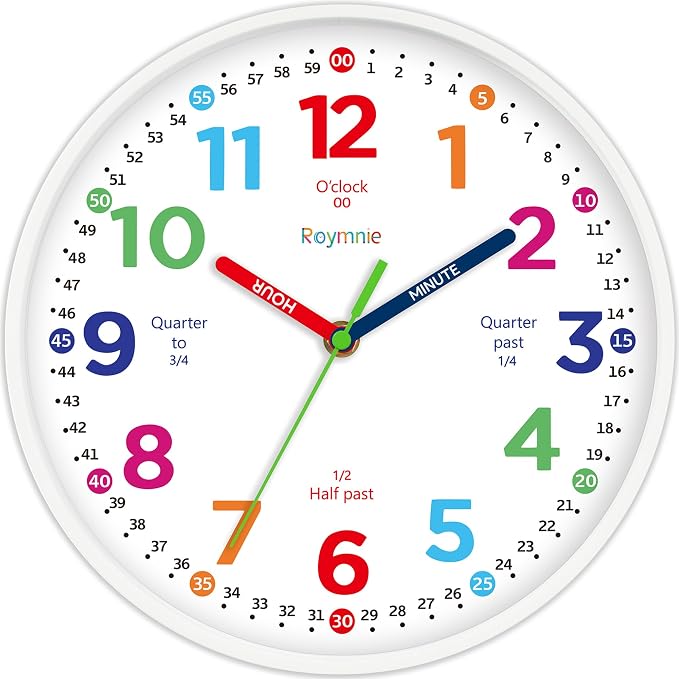 Roymnie Wall Clock for Kids Learning to Tell Time Non Ticking Battery Operated by Unknown