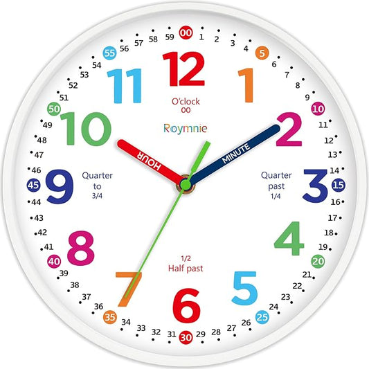Roymnie Wall Clock for Kids Learning to Tell Time Non Ticking Battery Operated by Unknown