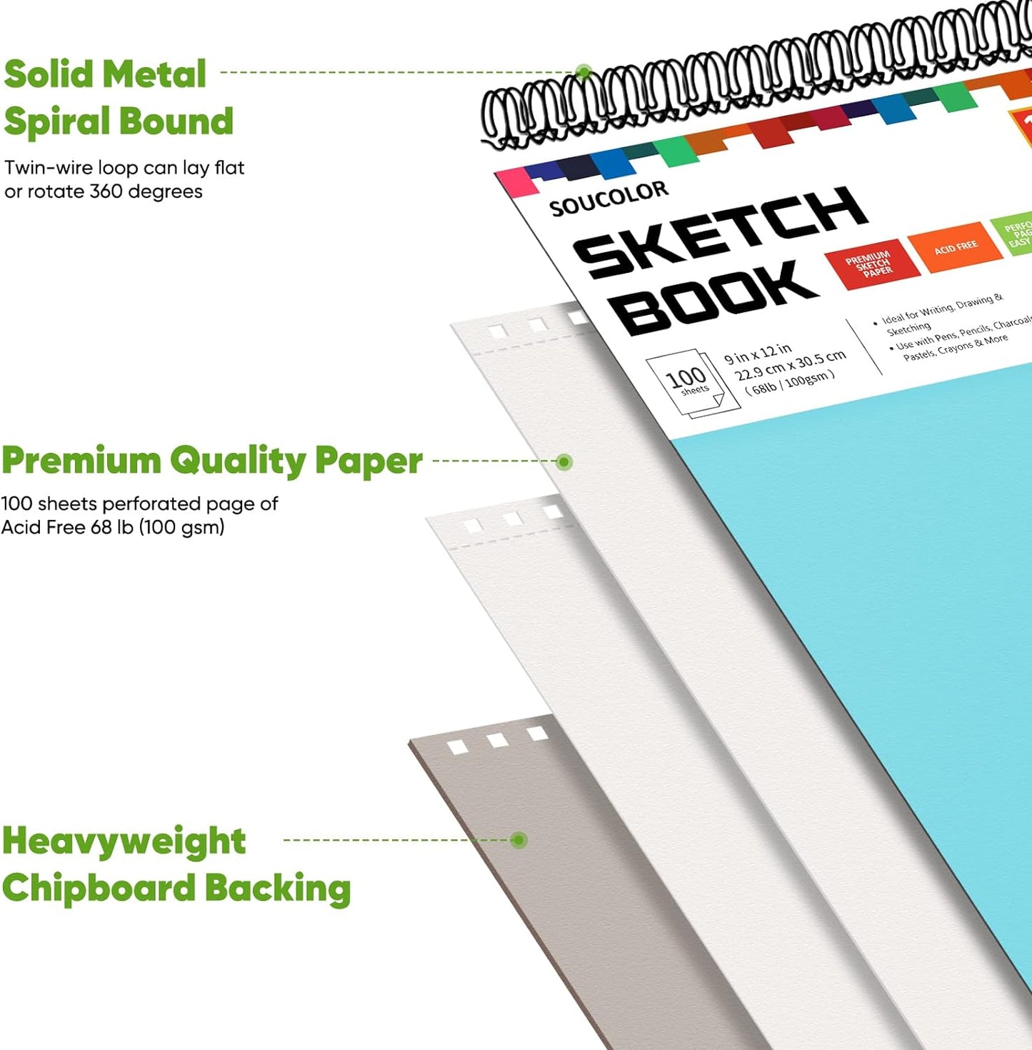 Drawing Set Sketching Kit, Pro Art Supplies, Soucolor 9" x 12" Sketch Book, 1-Pack 100 Sheets Spiral Bound Art Sketchbook for Colored Pencils, Graphite, Charcoal, Metallic Pencils, Sketching Pencils