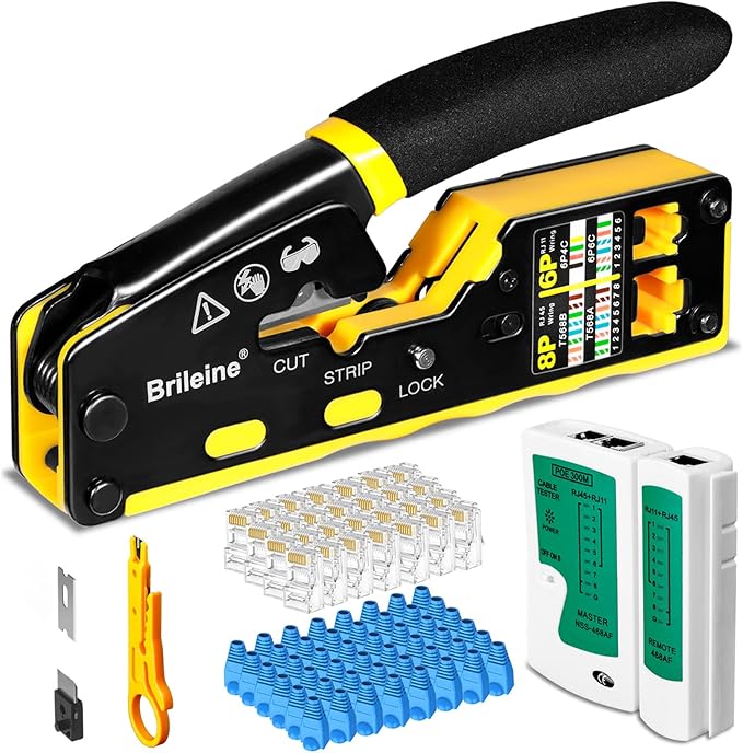 Brileine RJ45 Crimp Tool Pass Through Kit Ethernet Crimper Cat5 Cat5e Cat6 by Brileine