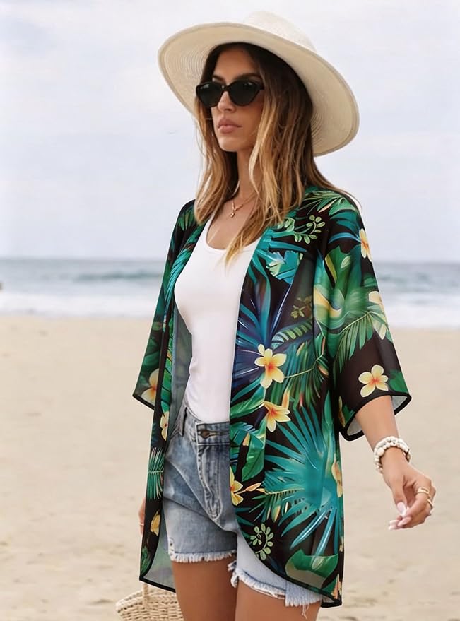 Women's Floral Print Puff Sleeve Kimono Cardigan Loose Cover Up Casual Blouse - Image 4