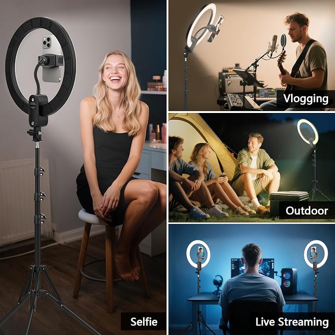 12" Selfie Ring Light with 63" Tripod Stand/Phone Holder, QEUOOIY 20W LED - Image 7