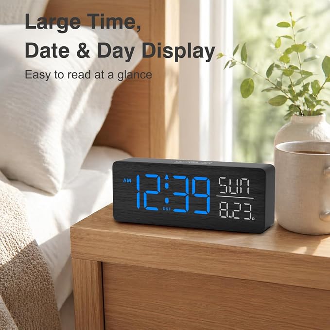 Peakeep Wooden Digital Alarm Clock Large Display, Textured Decoration - Image 7