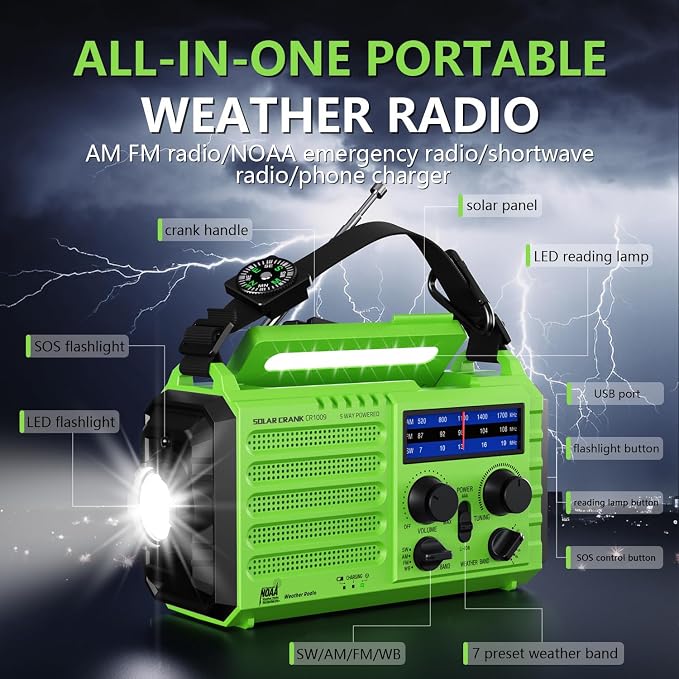 NOAA-Certified Emergency Weather Radio, AM/FM Portable Solar Hand Crank Powered - Image 8