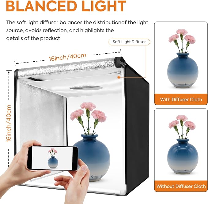 Bi-Color LED Photo Light Box 16x16 inch, 168 Dimmable LEDs Product Photography - Image 5