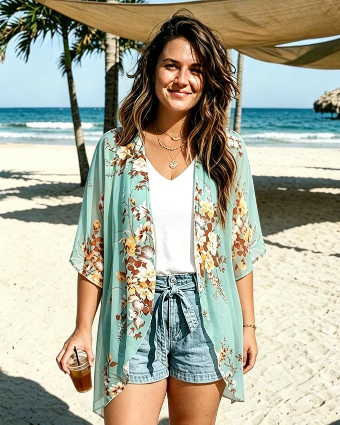 Women's Floral Print Puff Sleeve Kimono Cardigan Loose Cover Up Casual Blouse - Image 2