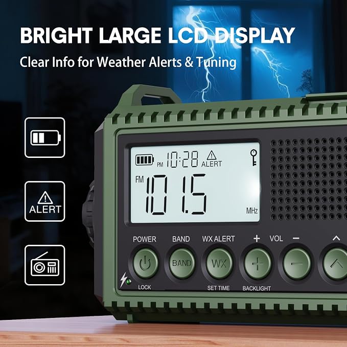 NOAA Emergency Radio with Auto Weather Alerts - 12000mAh Solar Hand Crank - Image 4