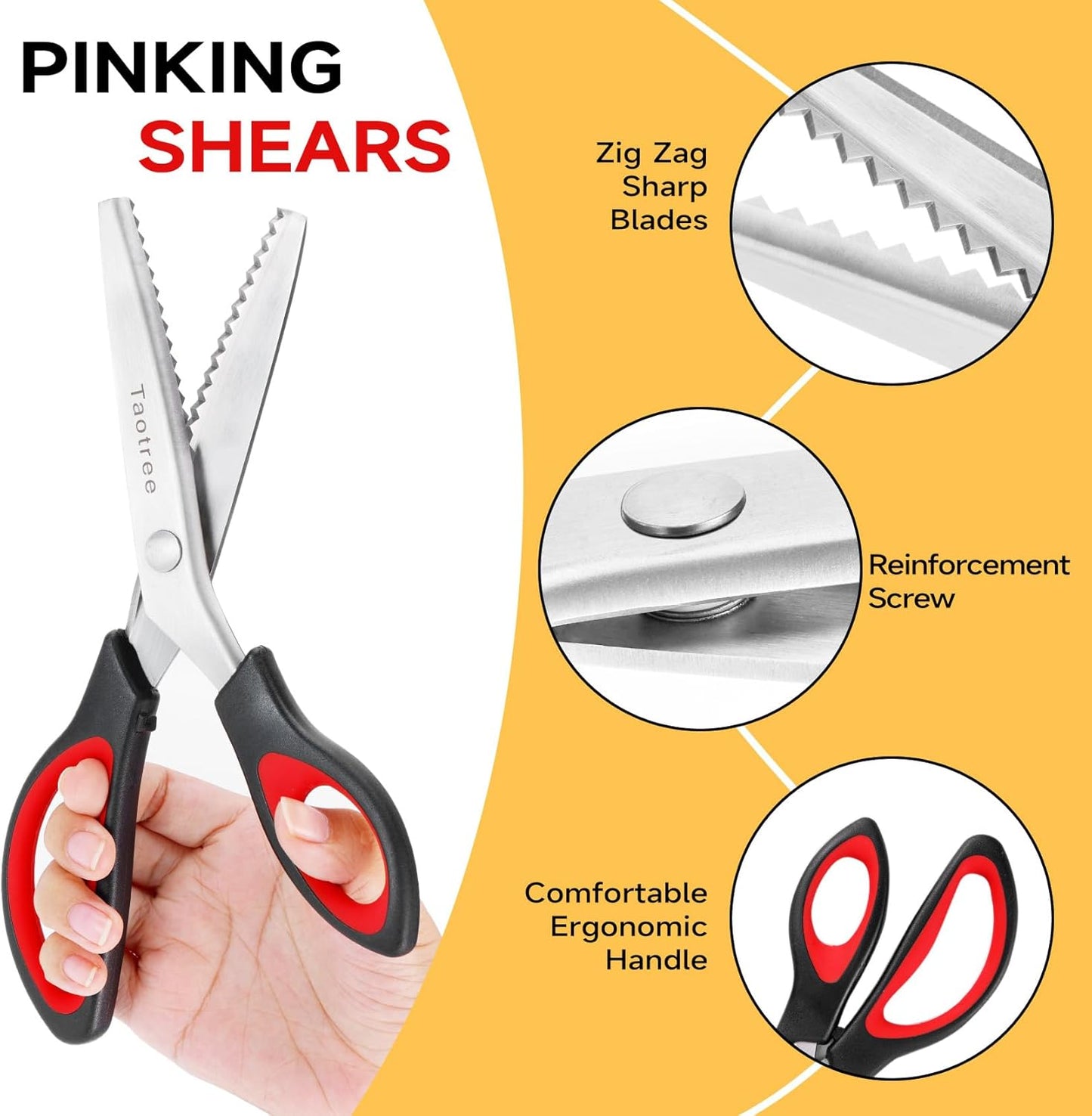Sewing Scissors for Fabric Cutting, Taotree 9.5" Fabric Scissors Pinking Shears, Zig Zag Craft Decorative Edge, Sewing Supplies Notions Accessories for Craft Scrapbooking Supplies, Red Black 2 Pack