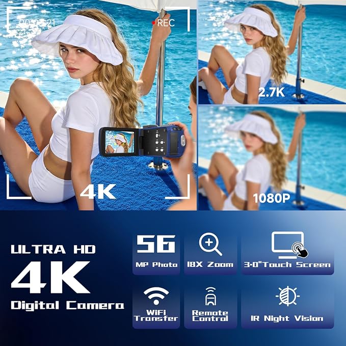 Video Camera, 4K Camcorder 56MP Digital Video Recorder 18X Zoom 3" 270° - Image 2