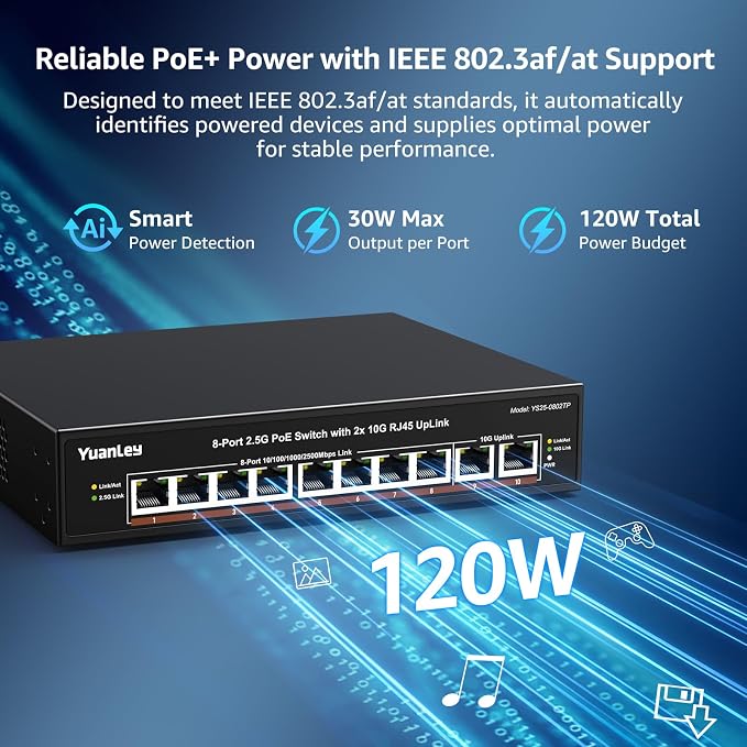 YuanLey 8 Port 2.5G PoE Switch Unmanaged, 8 x 2.5G Base-T PoE Ports, 2X 10G - Image 4