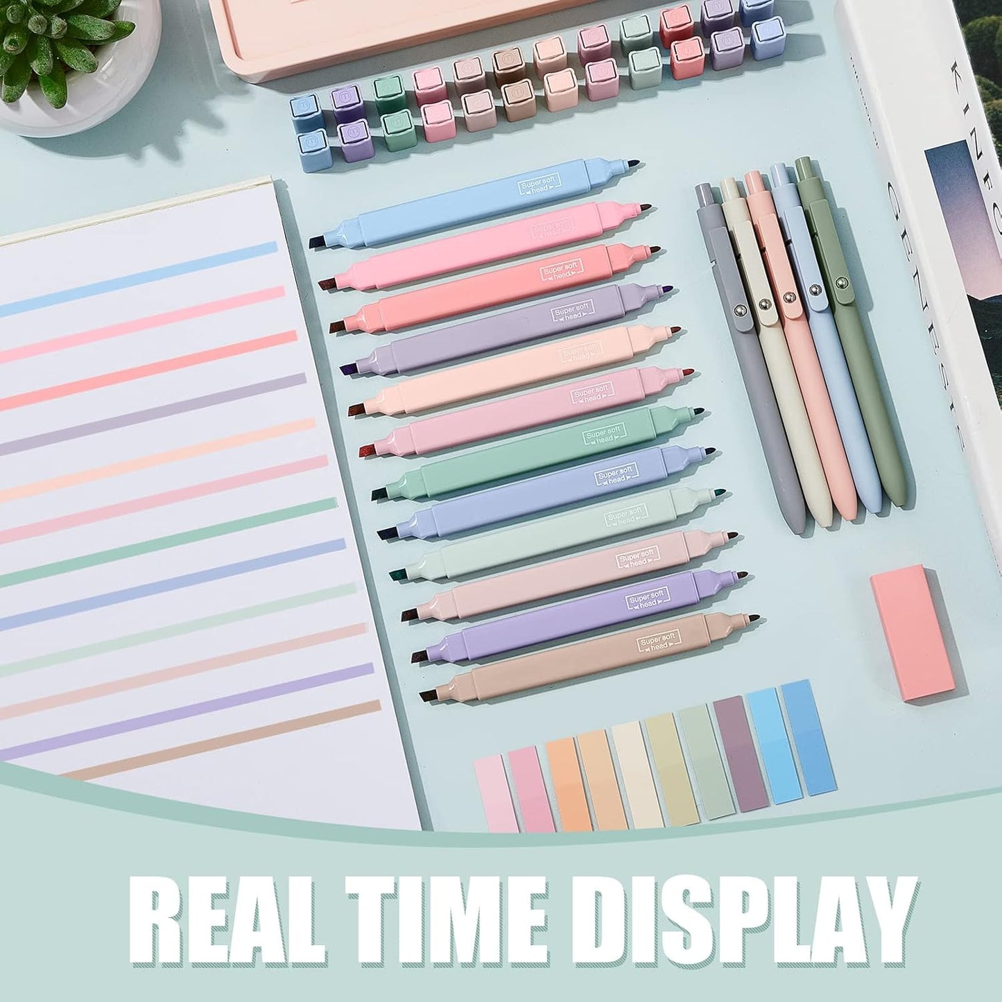 Jutom 38 Pcs Book Annotation Kit Aesthetic Highlighters Gel Pens Set Sticky Notes Tabs Markers Dual Ended Highlighter Quick Dry Ink Pens for Office Annotating Books(Classic Color,Square)