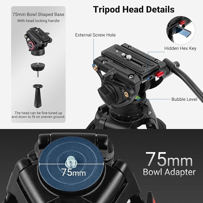 NEEWER 74" Video Tripod with Fluid Head, QR Plate, Aluminum Heavy Duty Camera - Image 7