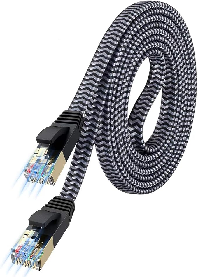 Cat 7 Flat Ethernet Cable 15 ft, Nylon Braided STP Shielded, 10Gbps 600MHz by MORELECS