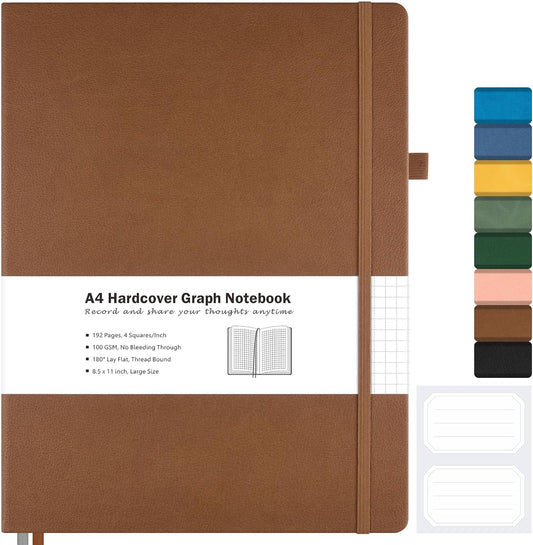 Graph Paper Notebook, Hardcover Notebook 8.5 x 11, Grid Notebook Journal for Women, Men, Large Leather Journals for Writing, Thick Paper, A4 Notebooks for Work, School Supplies, Engineering Brown