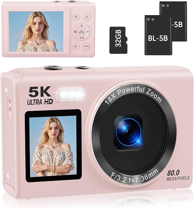 5K Digital Camera for Photography, 80MP Dual Screen Vlogging Camera for YouTube by Saneen