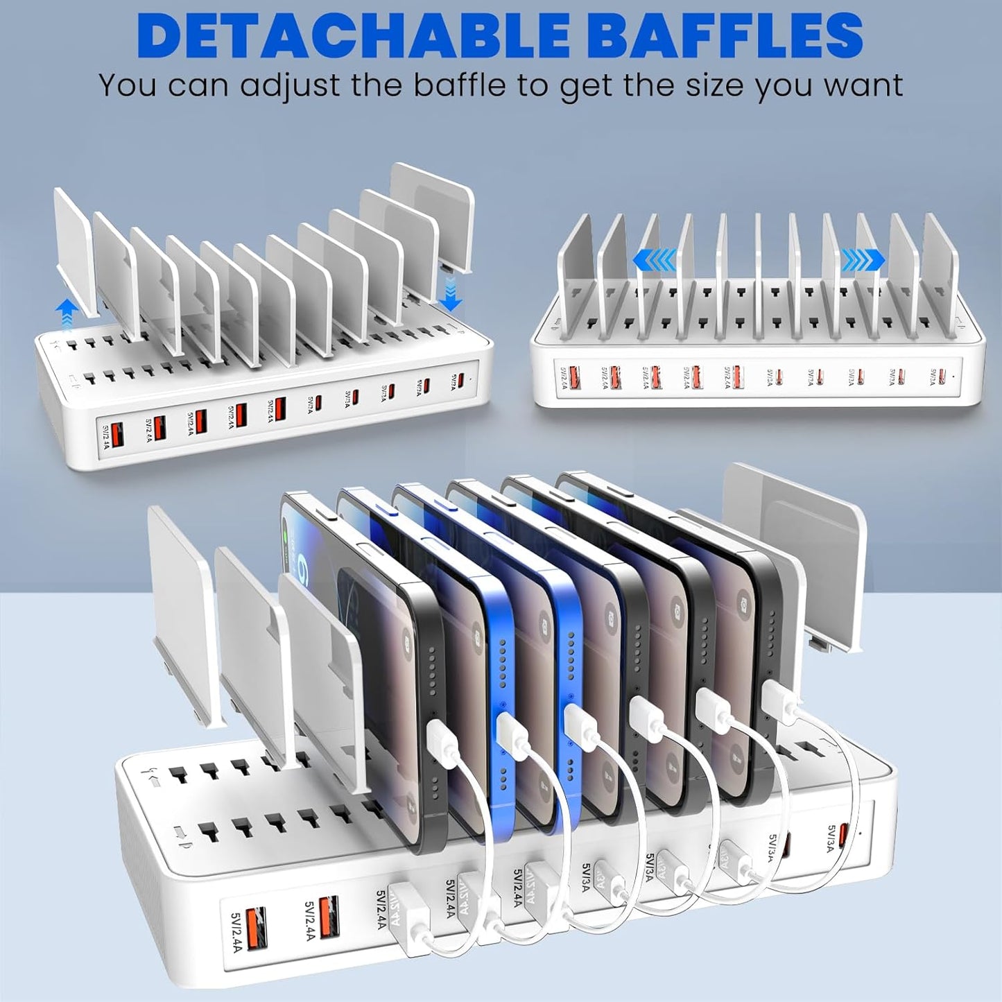 Charging Station for Multiple Devices, 100W 10 Ports Flat Plug Charging Dock with 10 Cables Smart IC Tech and Adjustable Dividers Type-C，Multi USB Charger for iPhone Galaxy iPad Tablet，White