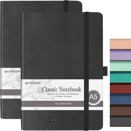 Hardcover Lined Bullet Dotted Journal Notebook, A5 140 192 Pages 100 120Gsm Paper College ruled for School,Work,Travel,and Daily Planning，5.7''*8.3'' (2, Black, A5 Lined)
