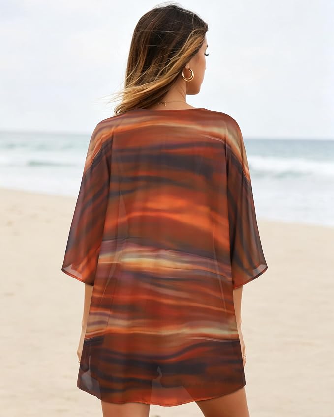 Women's Floral Print Puff Sleeve Kimono Cardigan Loose Cover Up Casual Blouse - Image 6