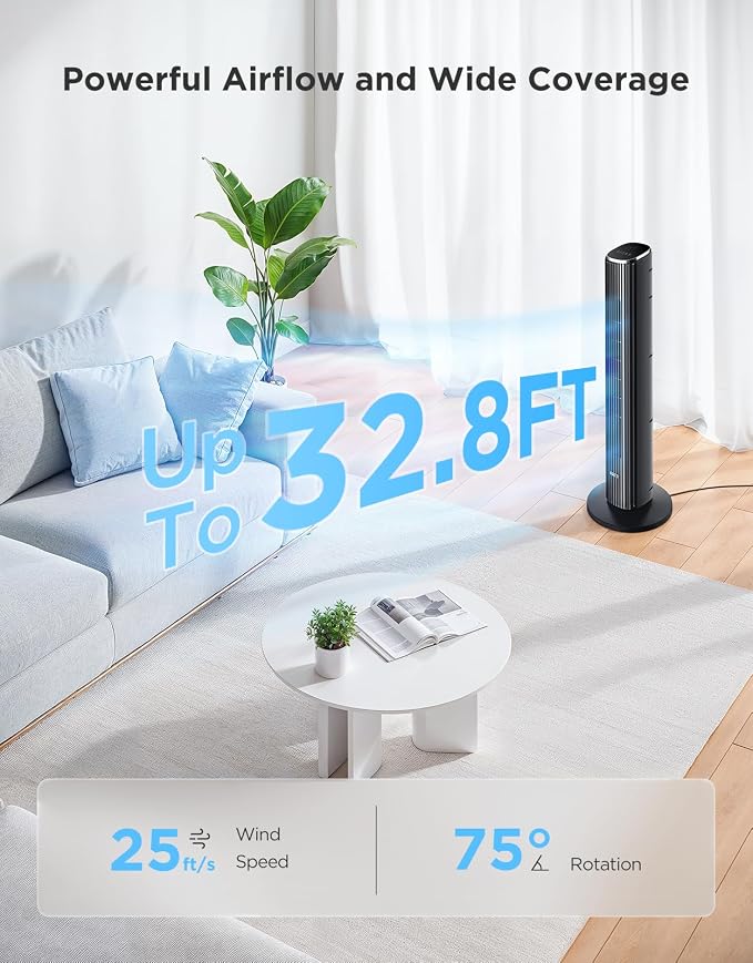 GoveeLife Black Tower Fan for Bedroom, Temperature Sensor, 5 Modes 8 Speeds - Image 3