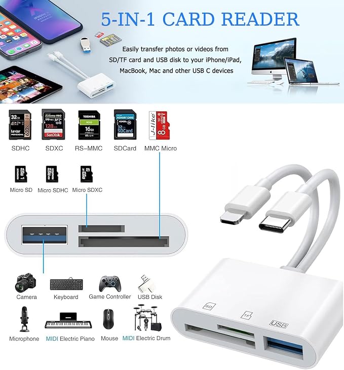 USB C SD Card Reader for iPhone, Lightning Dual Port SD Card Adapter, Memory - Image 2
