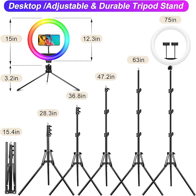 STALLY 12.3" Ring Light with Stand 75" Tall and 2 Phone Holder, Ring Light - Image 6