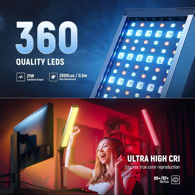 NEEWER Photography RGB Light Stick Kit, 2 Pack LED Video Tube Lights w/Stands - Image 2