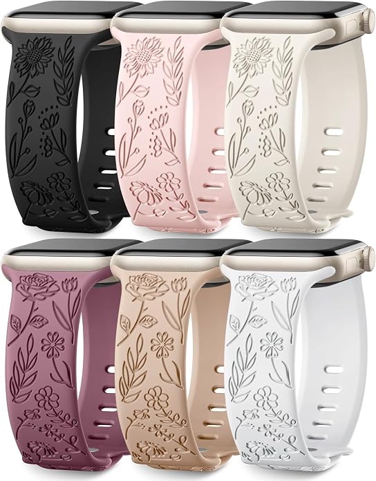 SNBLK 6 Pack Floral Engraved Bands Compatible by SNBLK