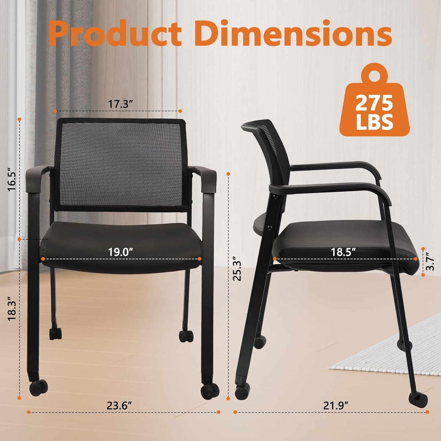CLATINA Stacking Office Chair with Wheels, Mesh Back Waiting Room Guest Chairs with Arms Comfortable Leather Cushion Stackable Desk Chair for Conference Reception School Side Stationary, Black