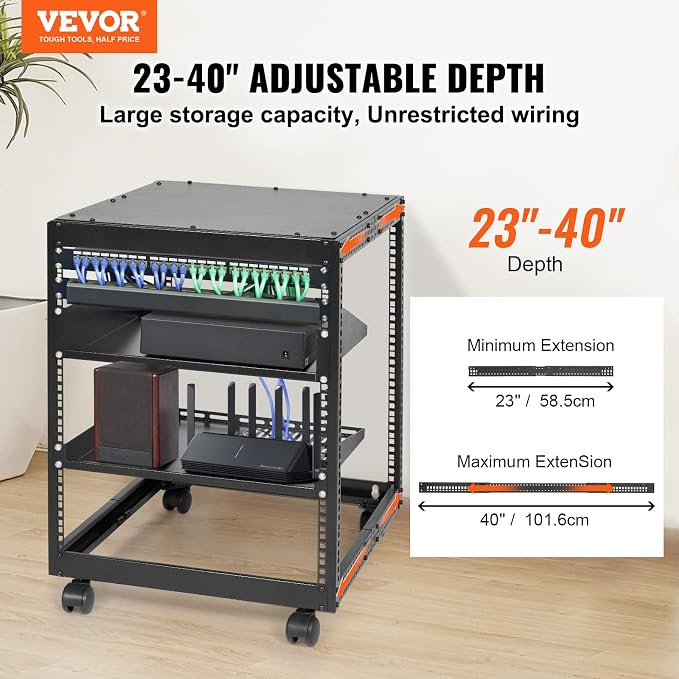 VEVOR 12U Open Frame Server Rack, 23-40 in Adjustable Depth, Free Standing or - Image 2
