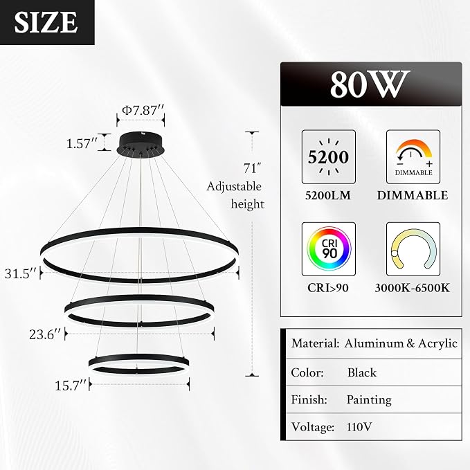 3-Rings Modern LED Chandelier Black, Dimmable Pendant Lighting - Image 3