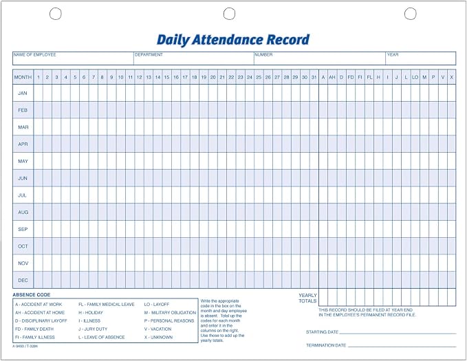 Adams Daily Attendance Record, 8.5 x 11 Inches, 3-Hole Punched by TOPSProducts