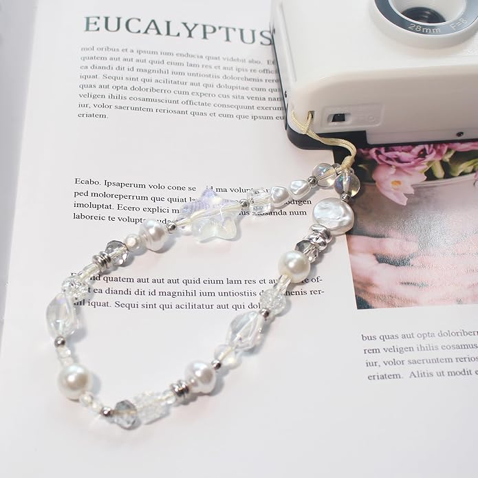 CMVFYL Beaded Camera Wrist Strap, Cute Phone Charms Strap, Pearl Bracelet Wrist - Image 4