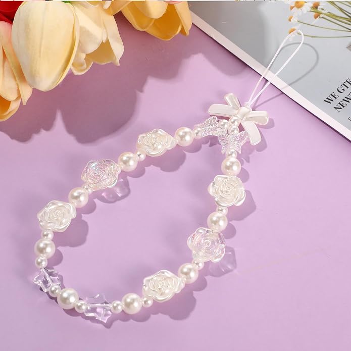 Ecally 3 Pcs Phone Charms Strap Camera Charm Strap Pearl Beaded Butterfly Bow - Image 3